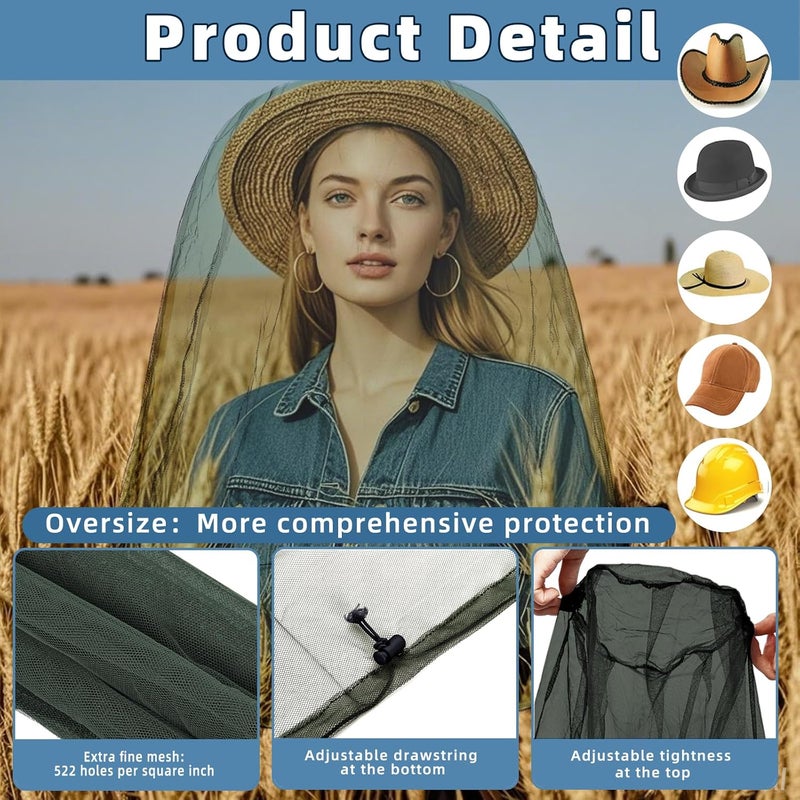 JayruiMice Oversized Mosquito Net 42 x 25 Inches Ultra Large Mosquito Head Net Face Neck Fly Mesh Netting Fits All Hats for Outdoor Camping Hiking Fishing Gardening Safari(Army Green) - Image 3